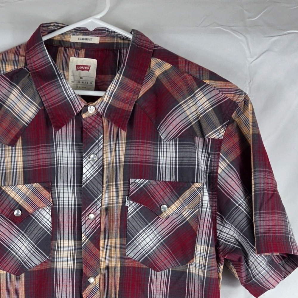 Levis Mens XXL Western‎ Shirt Red Plaid Pearl Snap Short Sleeve Standard Fit